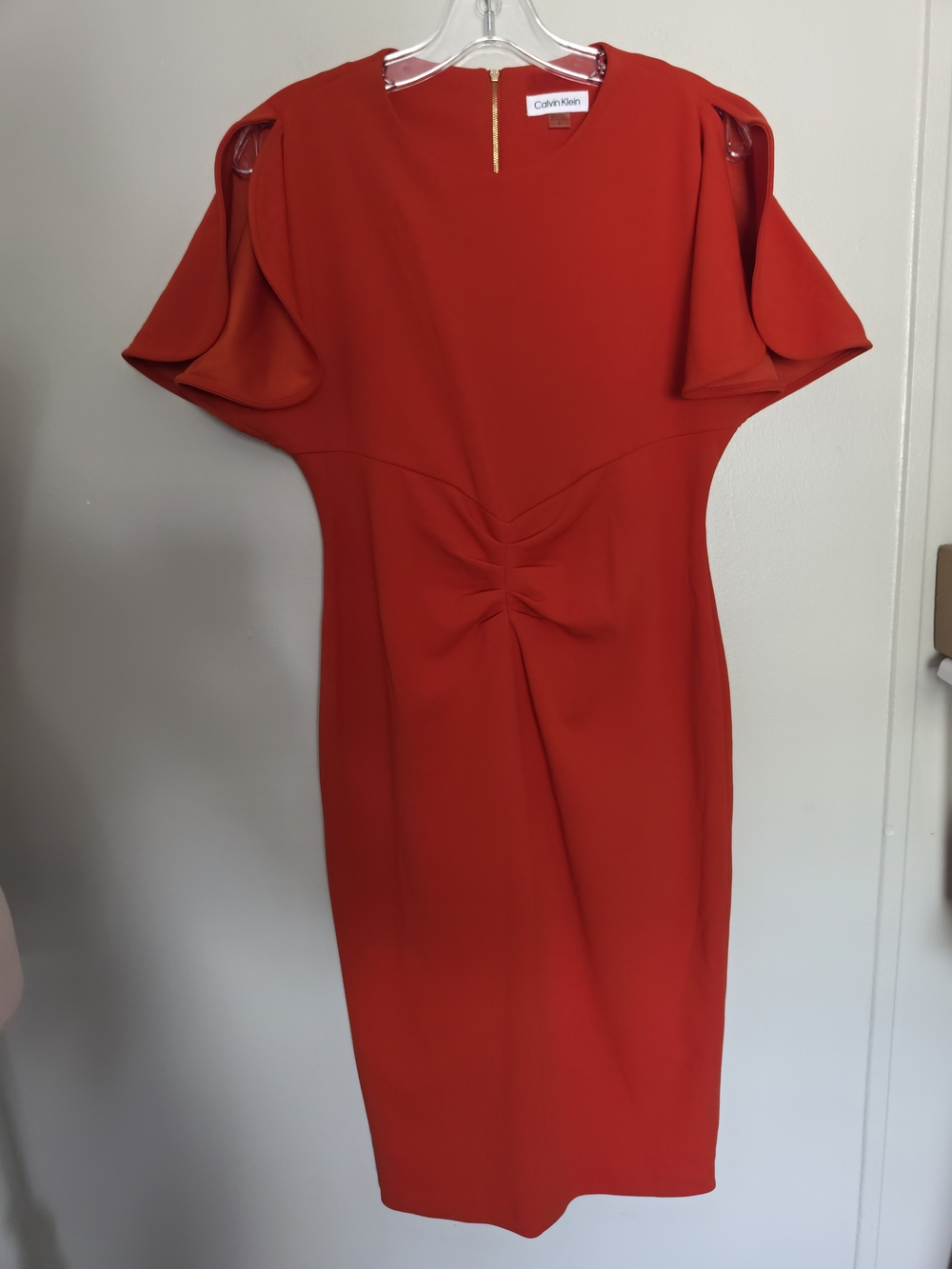 Calvin Klein Ruched Sheath Dress Round Neck Flutter Sleeve Knee Length Size 8